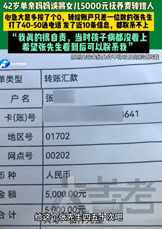 2025年郑州单亲妈妈将抚养费转错人事件