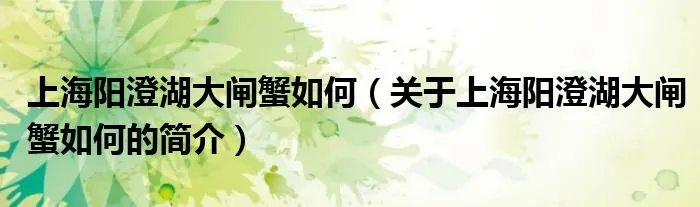 上海阳澄湖大闸蟹如何（关于上海阳澄湖大闸蟹如何的简介）