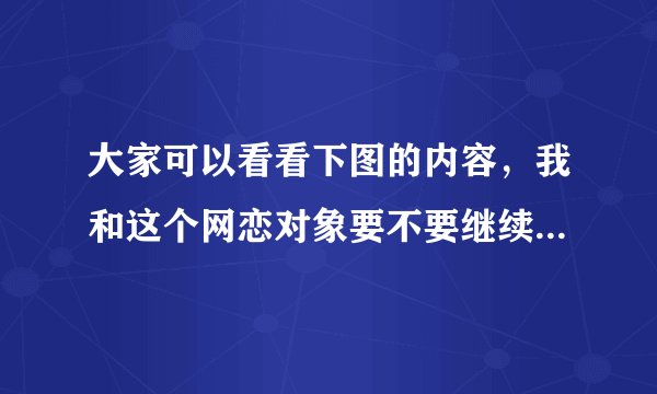 大家可以看看下图的内容，我和这个网恋对象要不要继续吗？我觉得他说话不可靠，实话说我挺漂亮，不缺人追