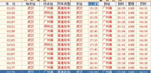 最新武广高铁时刻表查询